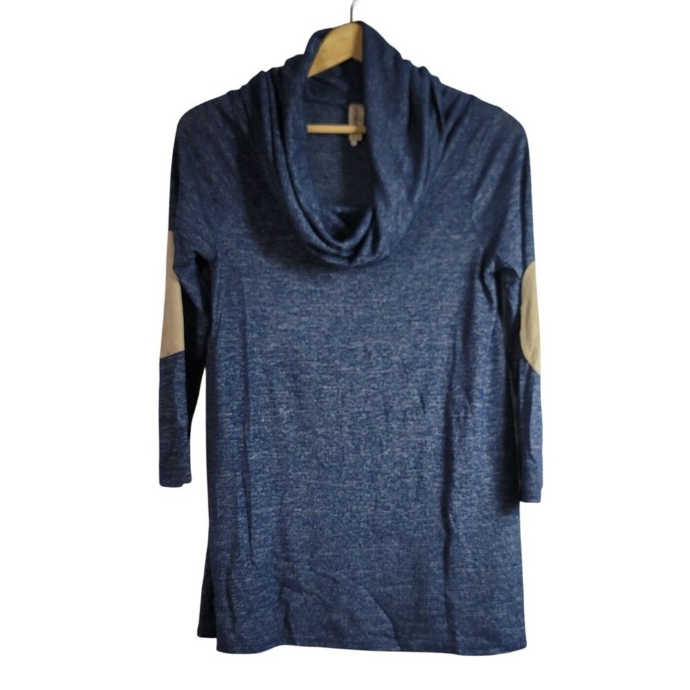 Lara Fashion Tunic Top Blue Small Medium Elbow Patches Long Sleeve Cowl Neck